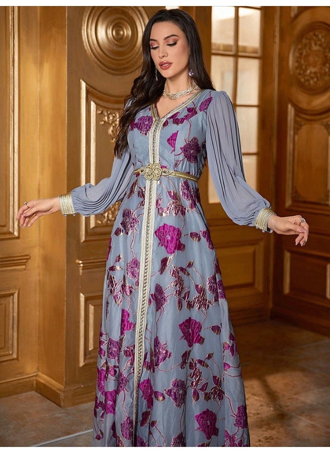 Long Sleeve V-Neck Embroidered Chiffon Dress with Belt