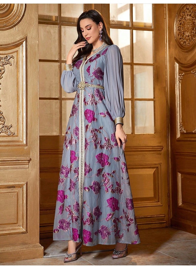 Long Sleeve V-Neck Embroidered Chiffon Dress with Belt