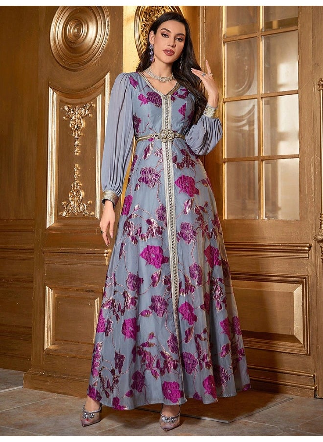 Long Sleeve V-Neck Embroidered Chiffon Dress with Belt