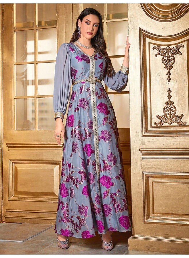 Long Sleeve V-Neck Embroidered Chiffon Dress with Belt
