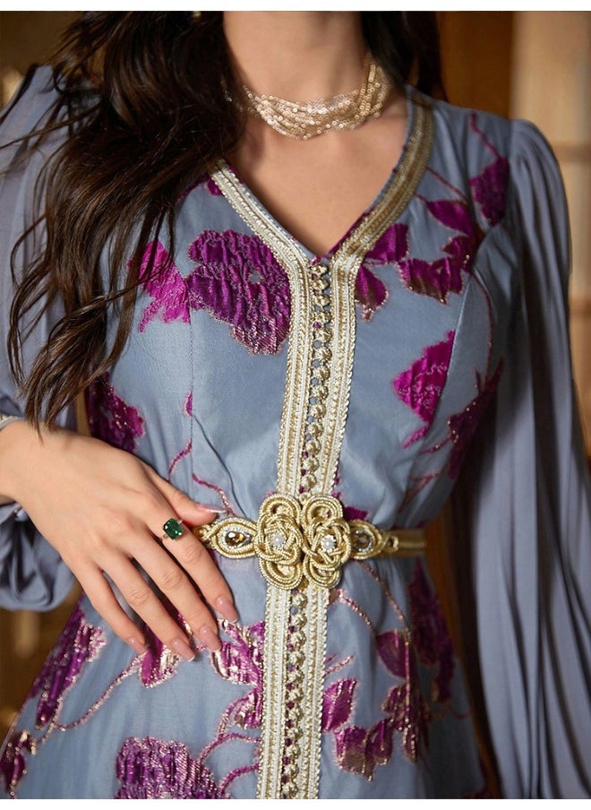 Long Sleeve V-Neck Embroidered Chiffon Dress with Belt