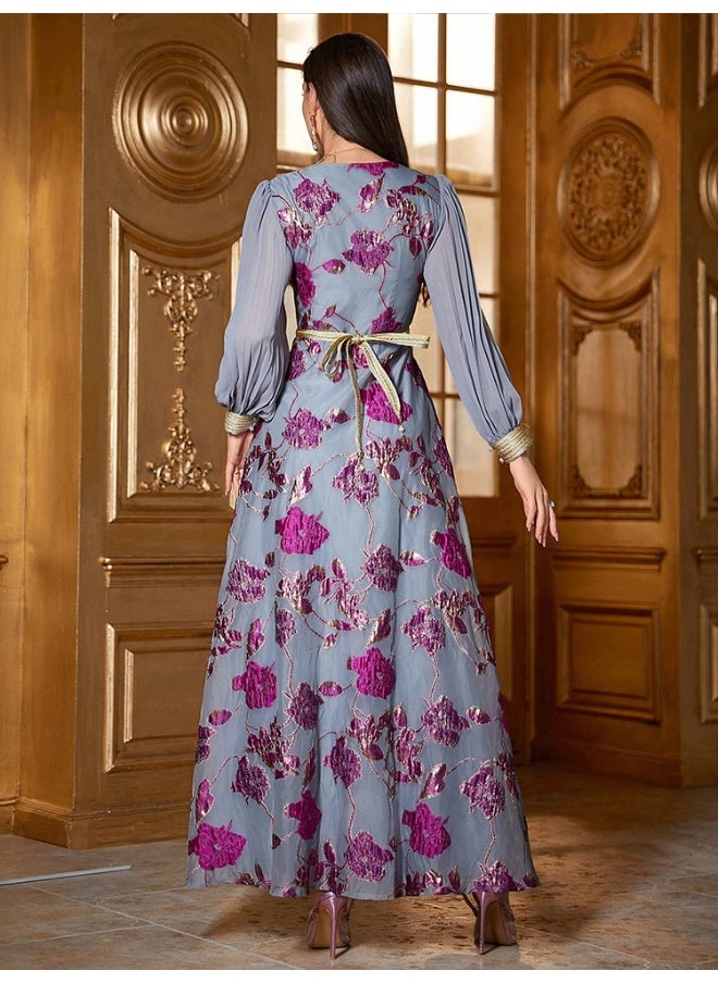 Long Sleeve V-Neck Embroidered Chiffon Dress with Belt