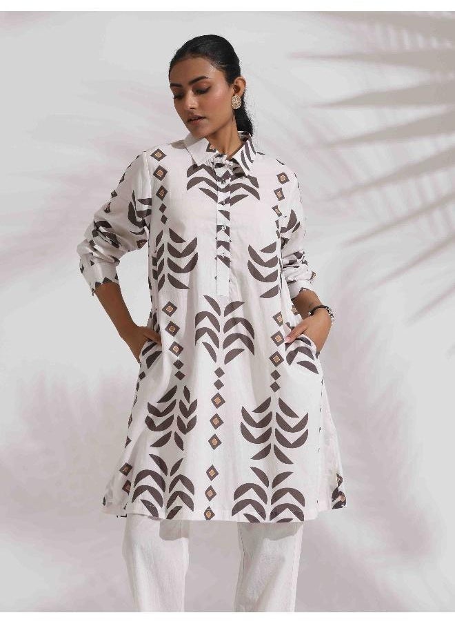 trueBrowns White Cotton Stripe Print Kurta Co-ord Set