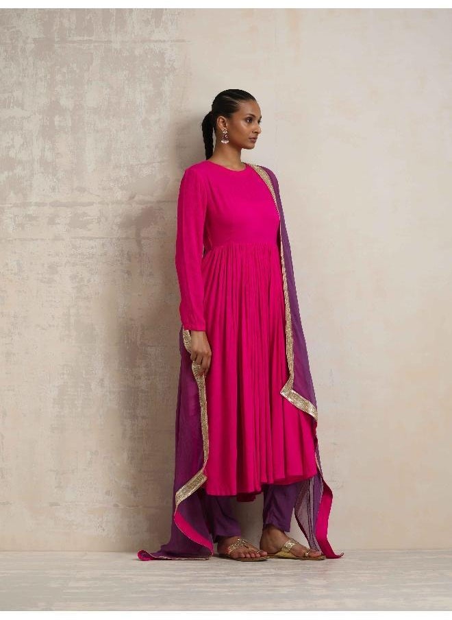 Pink Crinkle Anarkali Kurta Pant Dupatta Set
