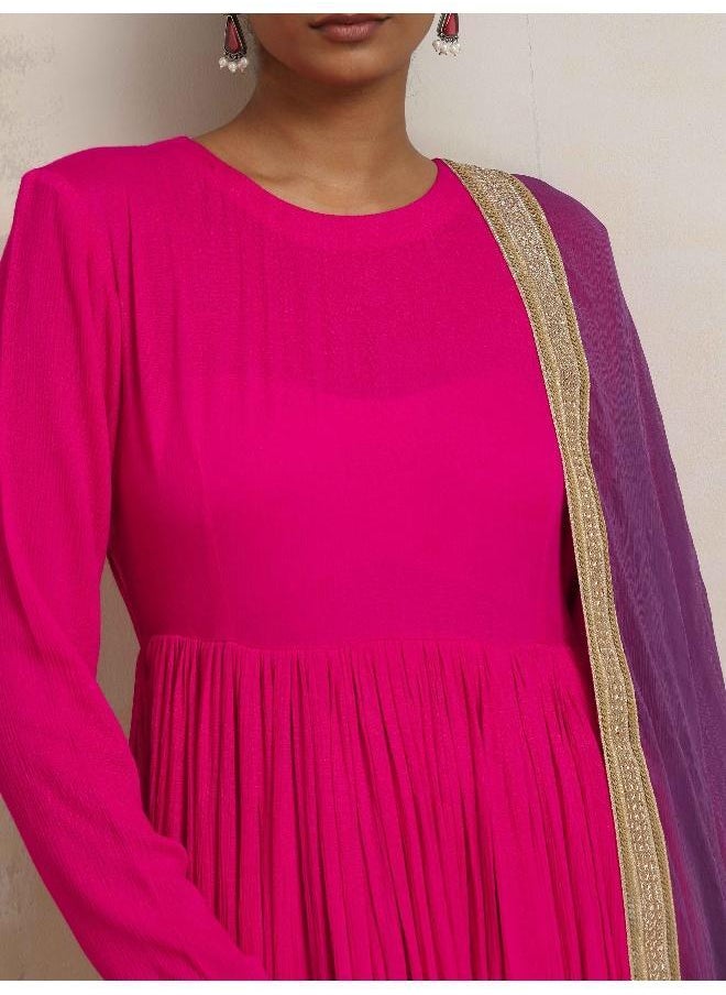 Pink Crinkle Anarkali Kurta Pant Dupatta Set