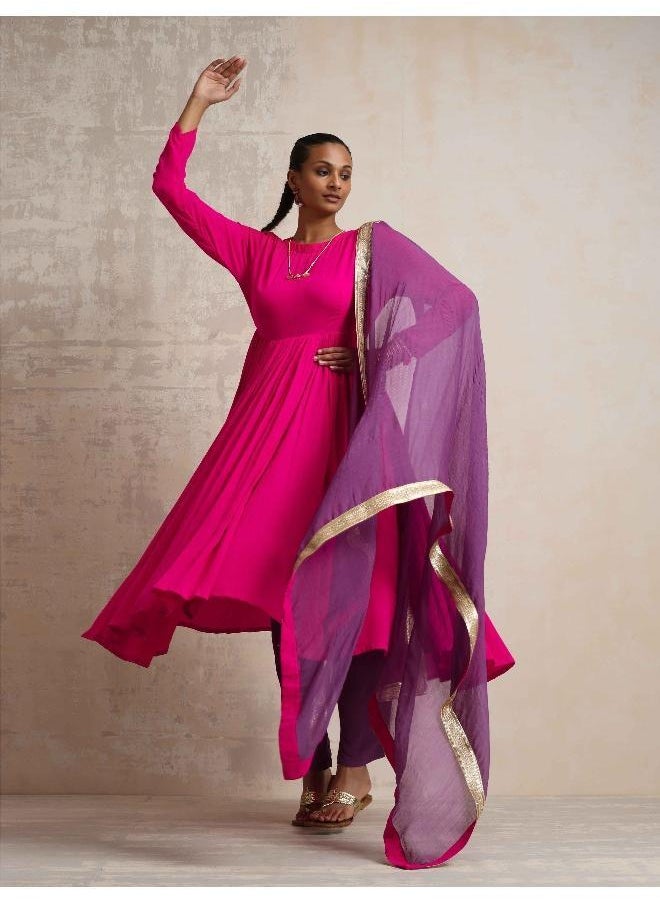 Pink Crinkle Anarkali Kurta Pant Dupatta Set