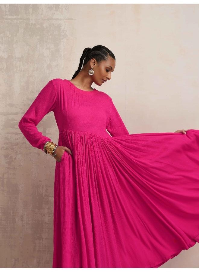 Pink Crinkle Anarkali Kurta Pant Dupatta Set
