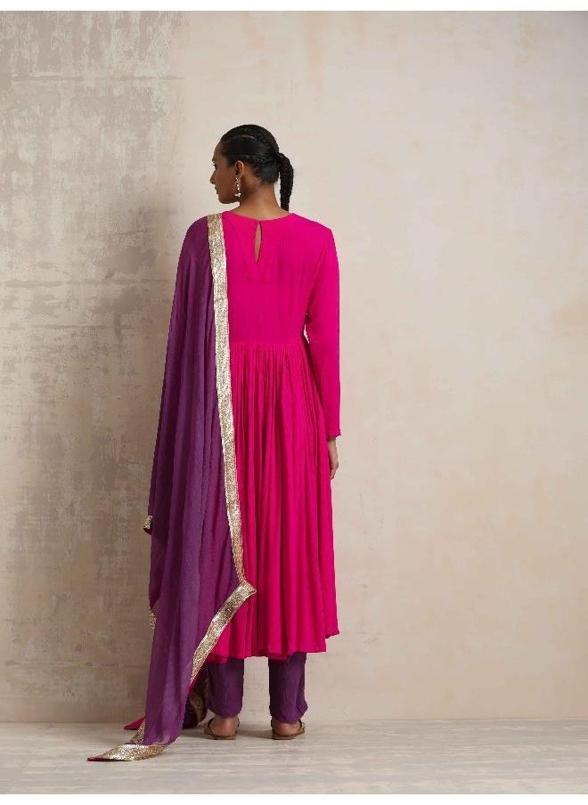 Pink Crinkle Anarkali Kurta Pant Dupatta Set