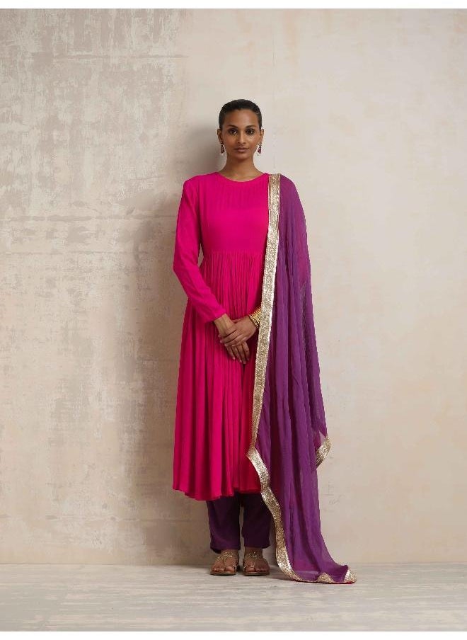 Pink Crinkle Anarkali Kurta Pant Dupatta Set
