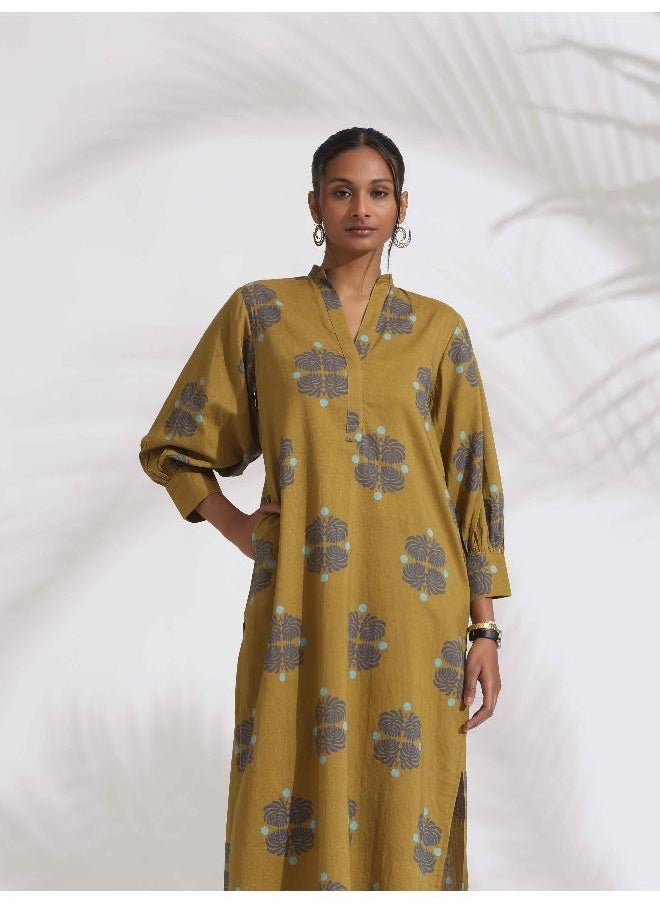 trueBrowns Green Cotton Print Straight Kurta Set