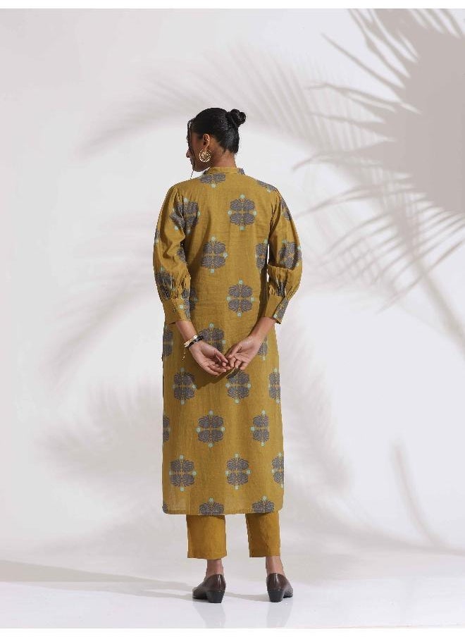 trueBrowns Green Cotton Print Straight Kurta Set