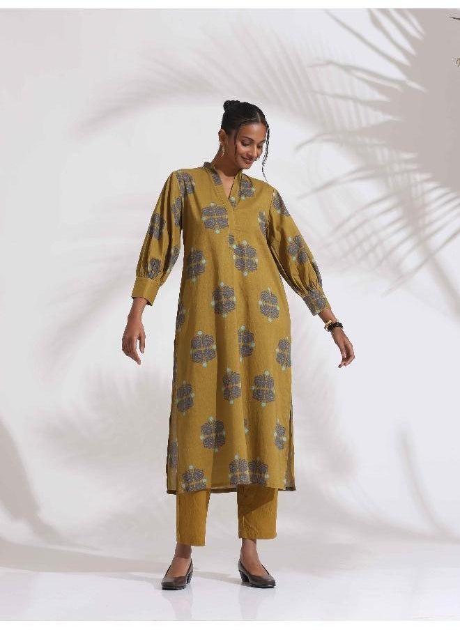 trueBrowns Green Cotton Print Straight Kurta Set