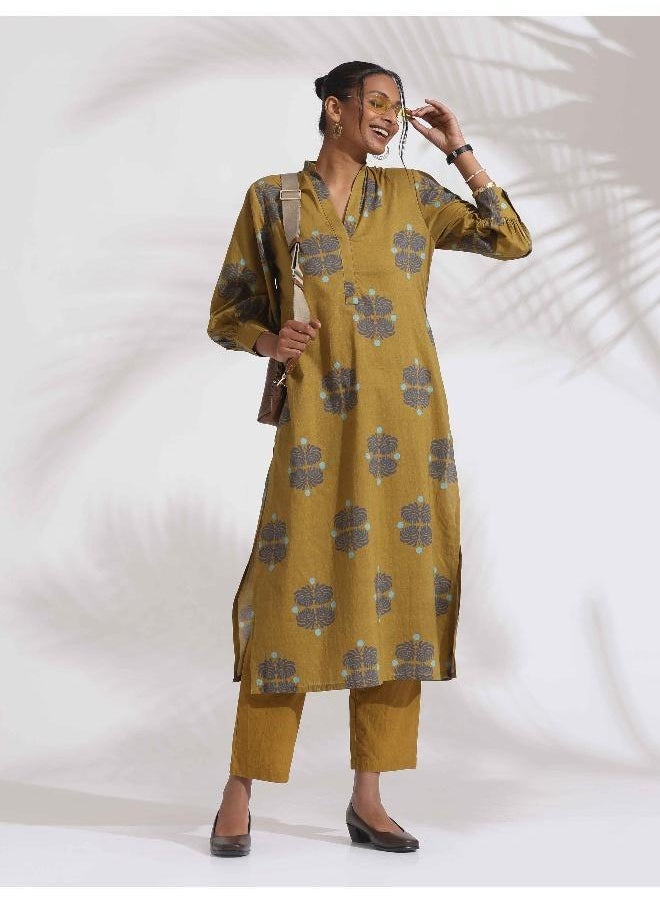 trueBrowns Green Cotton Print Straight Kurta Set