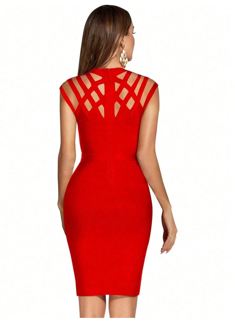 Women's Red Hollow Out Bandage Party Dress Sleeveless High Neck Bodycon Dresses Club