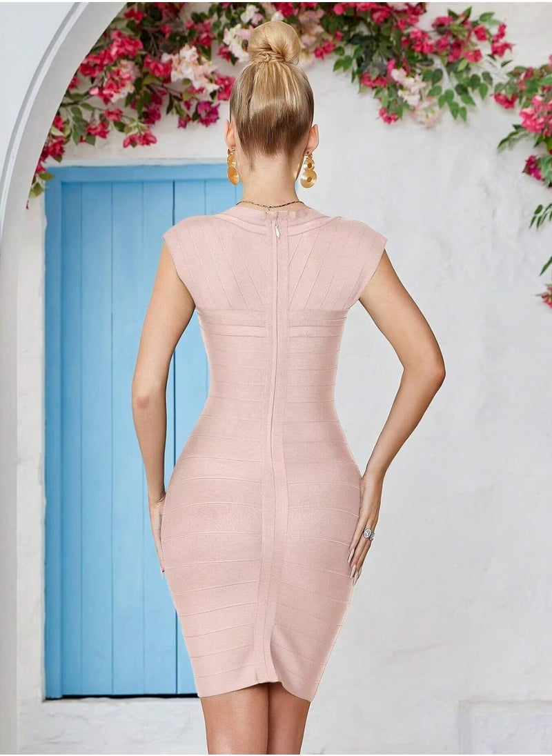Beige Backless Laced Short Prom Dress With Short Sleeves Bodycon Cocktail Party Club Dress
