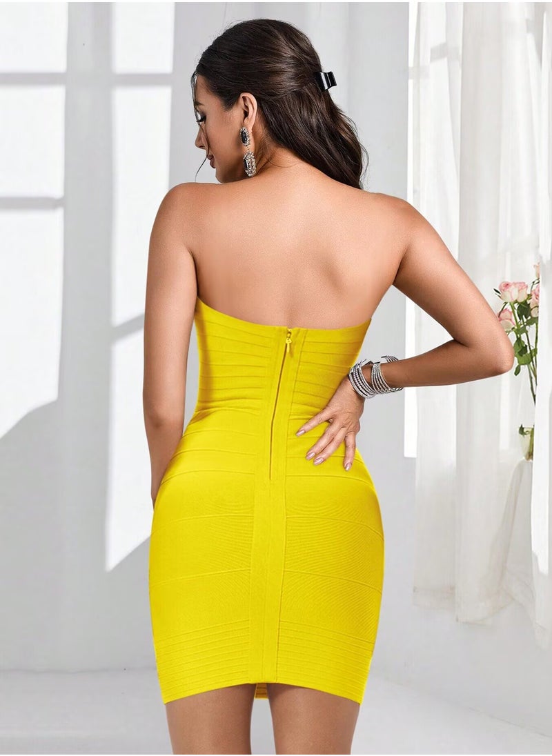 Women's Solid Color Strapless Bandage Dress Cocktail Bodycon Yellow Dress