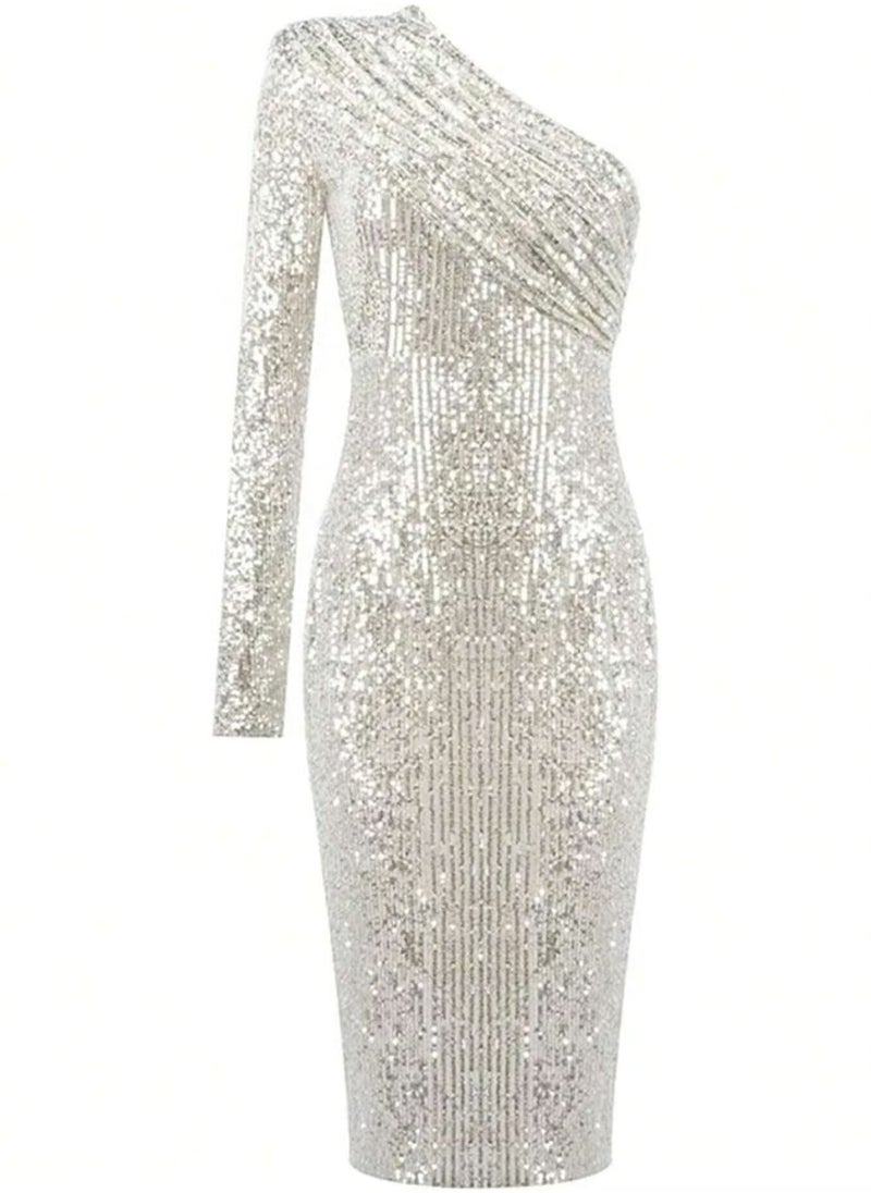 One Shoulder Silver Long Sleeves Sequined Dresses For Women Evening Dresses Bodycon Cocktail Party Dress
