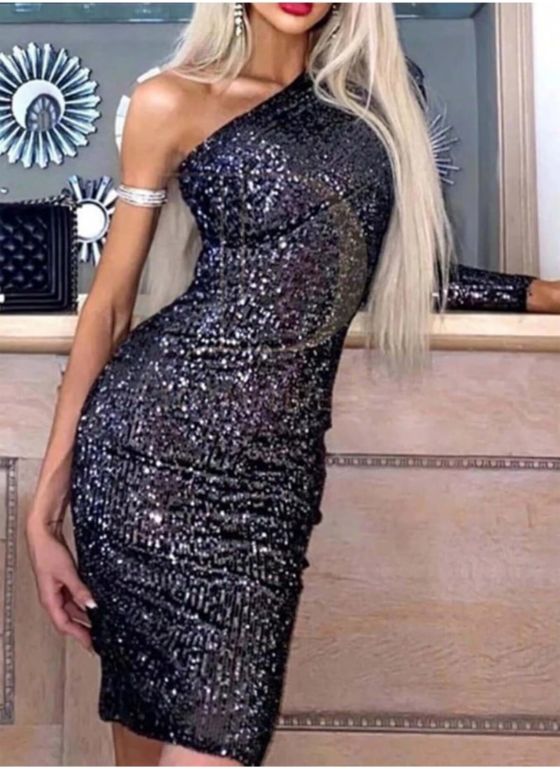 One Shoulder Black Long Sleeves Sequined Dresses For Women Evening Dresses Bodycon Cocktail Party Dress