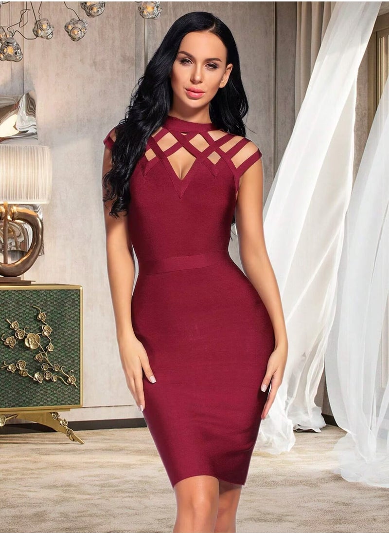 Women's Burgundy Hollow Out Bandage Party Dress Sleeveless High Neck Bodycon Dresses Club