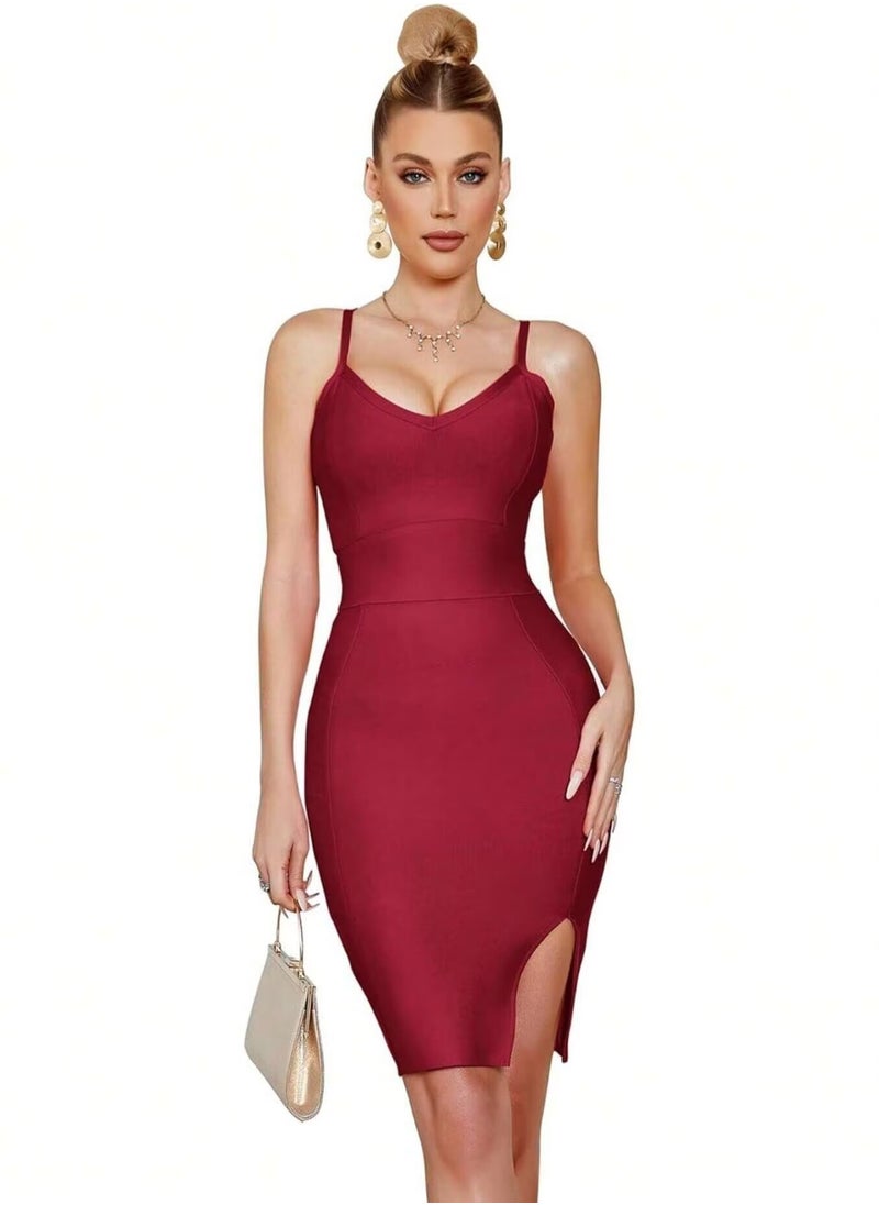 Women's Burgundy V-neck Side Slit Dress for Women Bodycon Dress Cocktail Party Club Dress