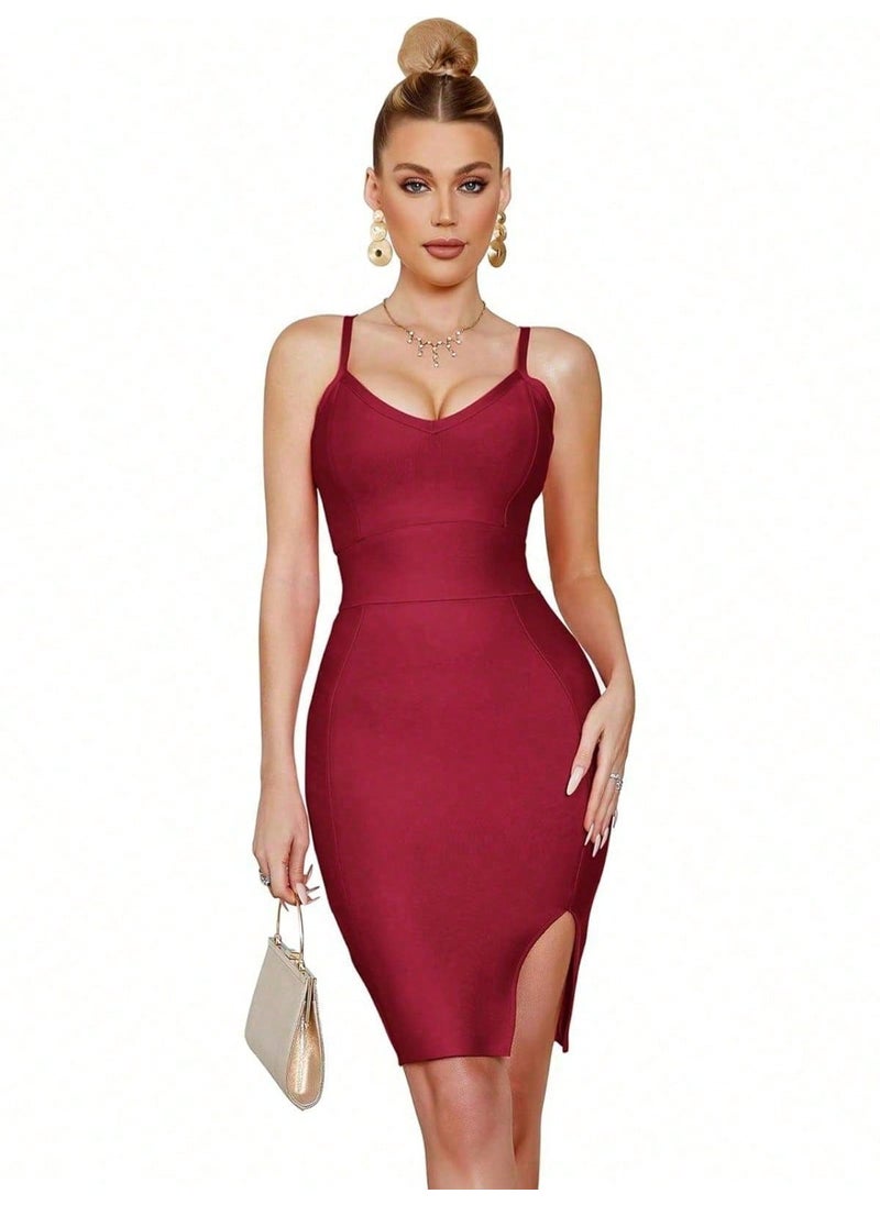 Women's Burgundy V-neck Side Slit Dress for Women Bodycon Dress Cocktail Party Club Dress