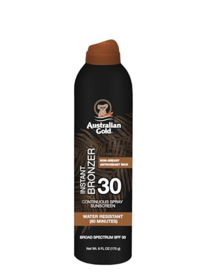 Australian Gold Continuous Spray Sunscreen with Instant Bronzer SPF 30 Immediate Glow Dries Fast Water Resistant NonGreasy Oxybenzone Free Cruelty Free Bronzer New Orange 6 Oz