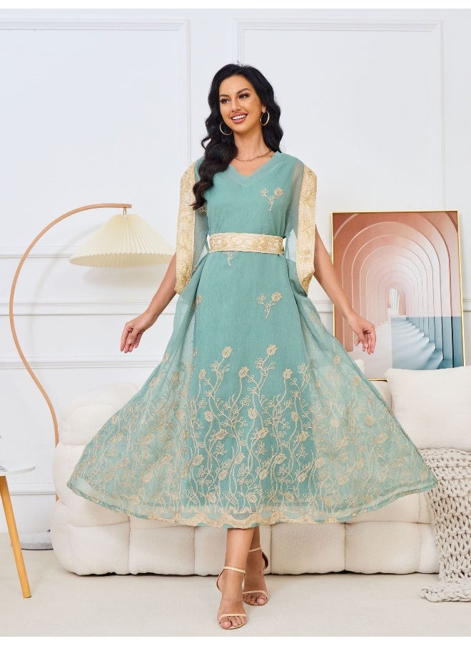 Light Green V-Neck Muslim Embroidered Maxi Dress Robe