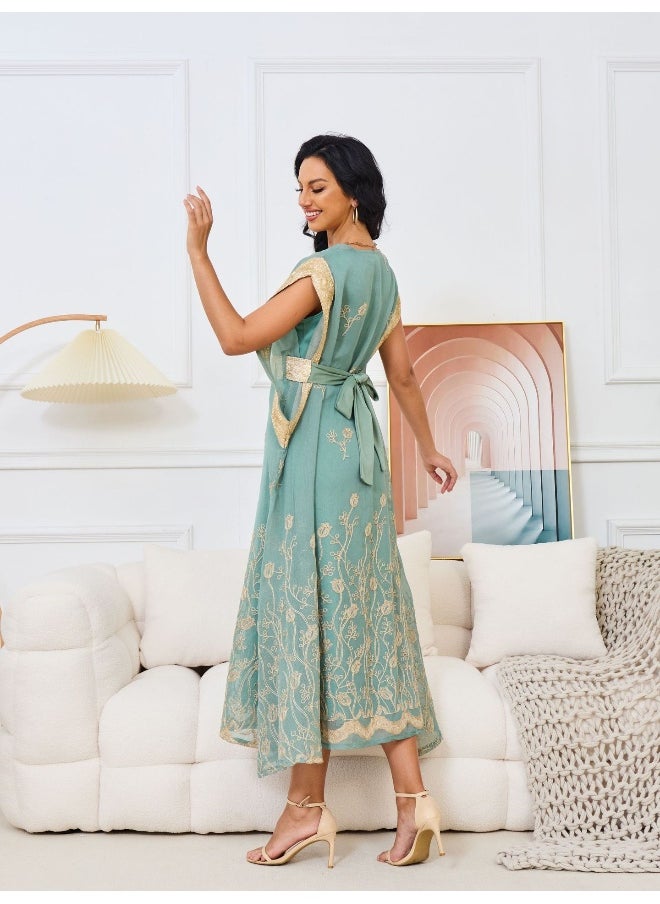 Light Green V-Neck Muslim Embroidered Maxi Dress Robe