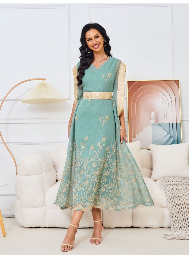 Light Green V-Neck Muslim Embroidered Maxi Dress Robe
