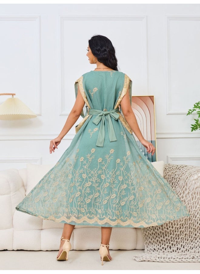 Light Green V-Neck Muslim Embroidered Maxi Dress Robe