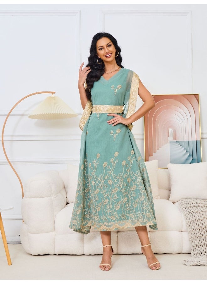 Light Green V-Neck Muslim Embroidered Maxi Dress Robe