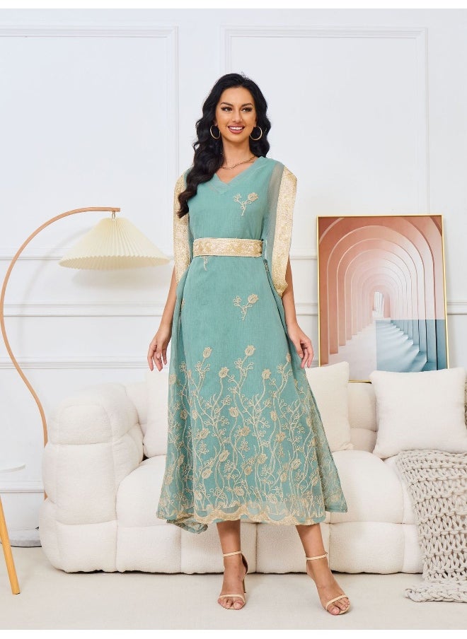 Light Green V-Neck Muslim Embroidered Maxi Dress Robe