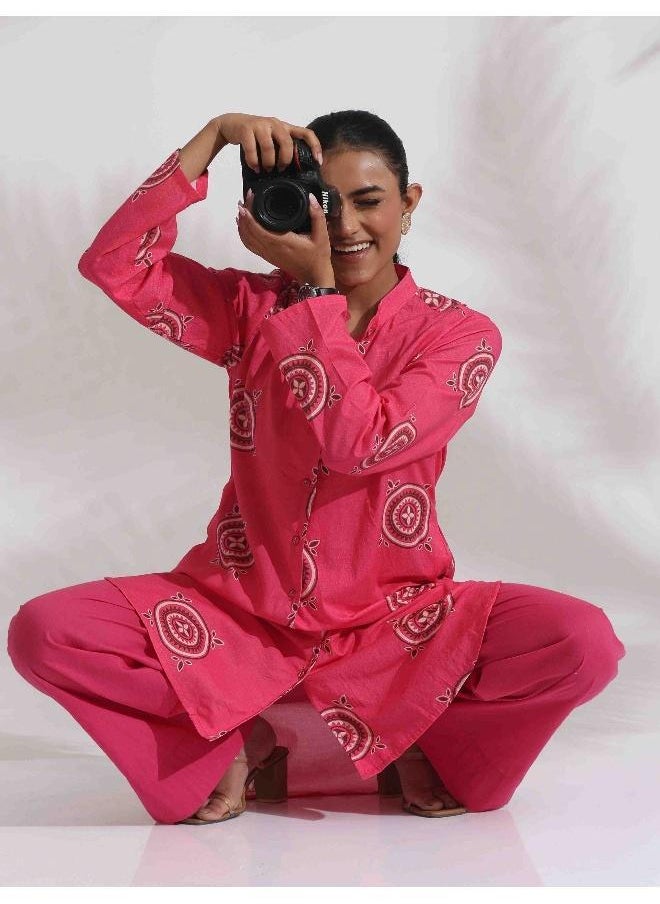 trueBrowns Pink Cotton Print Kurta Co-ord Set