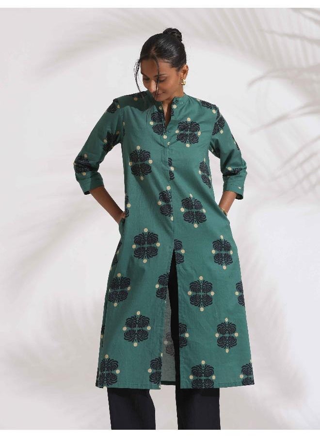 trueBrowns Green Cotton Print Front Slit Kurta Set