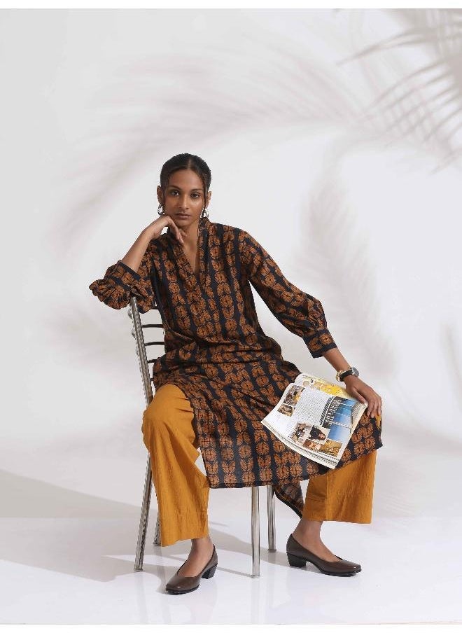 trueBrowns Black Cotton Print Straight Kurta Set