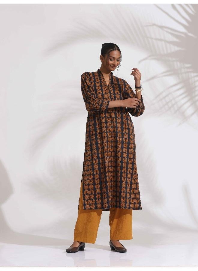trueBrowns Black Cotton Print Straight Kurta Set