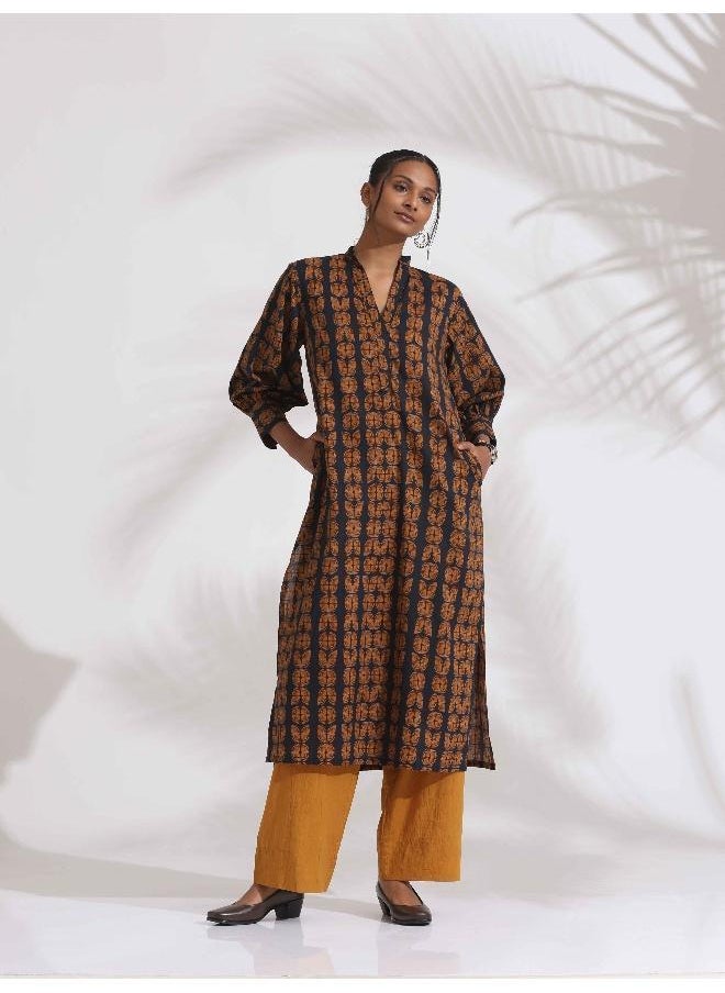 trueBrowns Black Cotton Print Straight Kurta Set