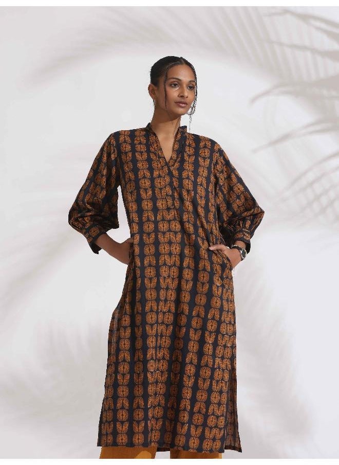 trueBrowns Black Cotton Print Straight Kurta Set