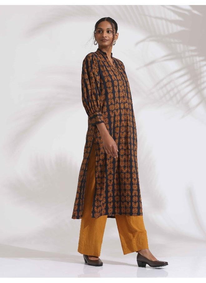 trueBrowns Black Cotton Print Straight Kurta Set