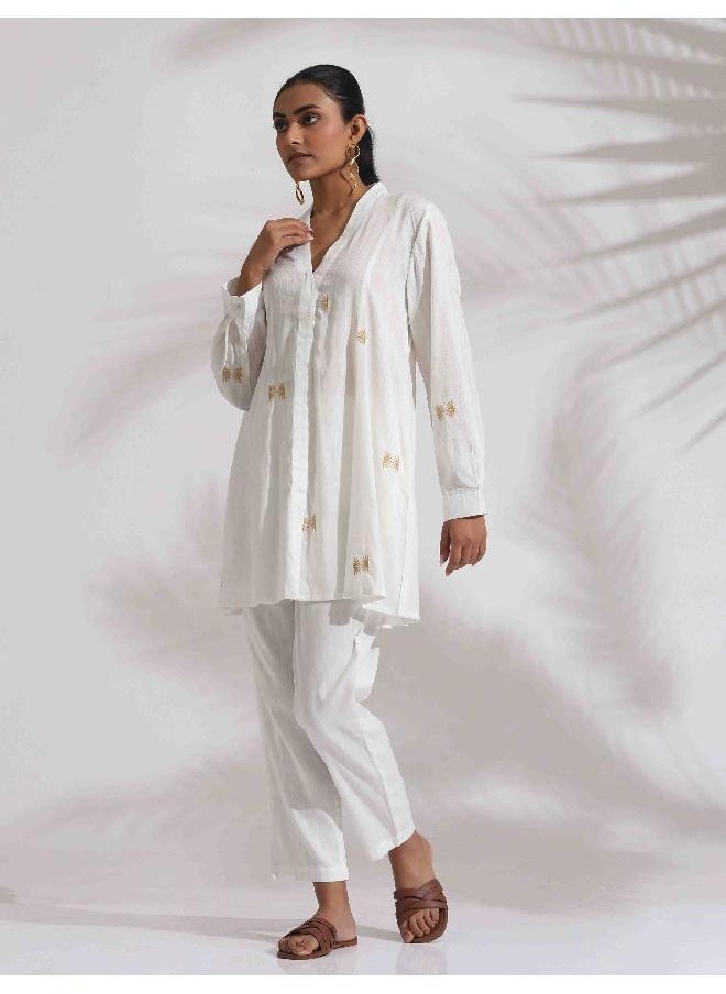 trueBrowns Off-White Cotton Embroidered A-line Co-ord Set