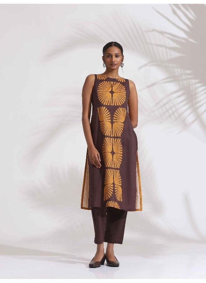 trueBrowns Brown Cotton Print Sleeveless Kurta Set