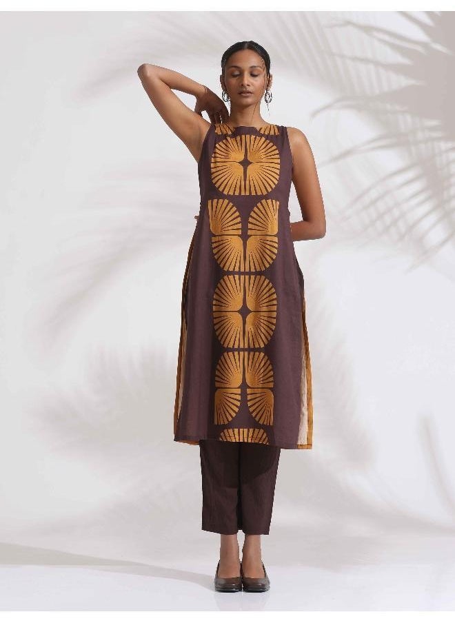 trueBrowns Brown Cotton Print Sleeveless Kurta Set