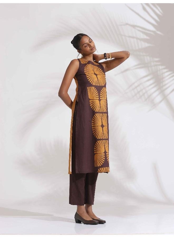 trueBrowns Brown Cotton Print Sleeveless Kurta Set