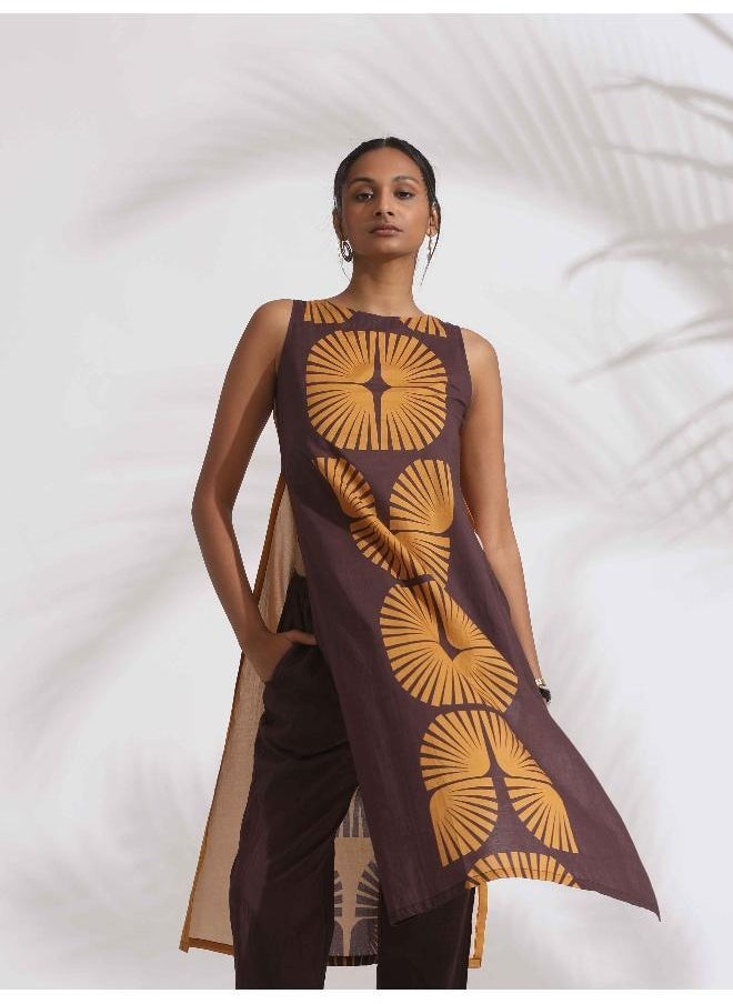 trueBrowns Brown Cotton Print Sleeveless Kurta Set