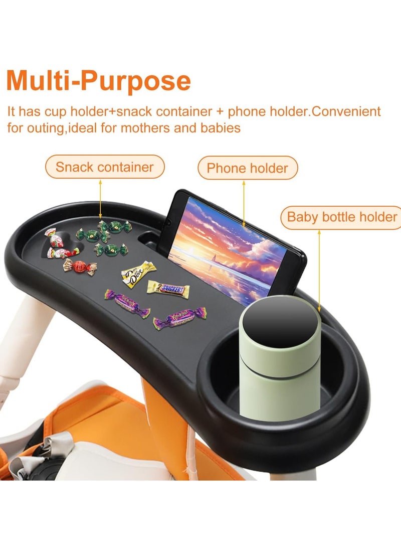 3 In 1 Stroller Cup Holder with Snack Tray & Phone Holder, Universal Stroller Snack Tray for Baby Bottle, Removable Stroller Cup Holder, Black, ABS Material