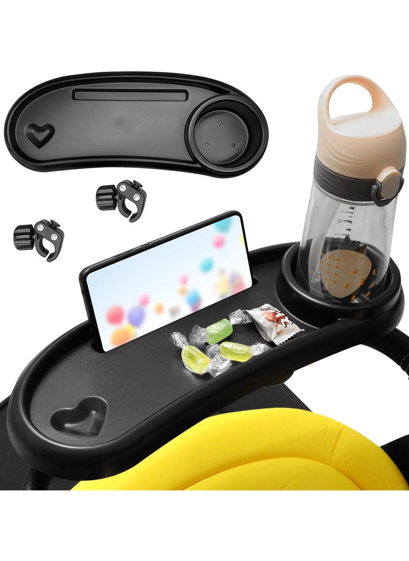 3 In 1 Stroller Cup Holder with Snack Tray & Phone Holder, Universal Stroller Snack Tray for Baby Bottle, Removable Stroller Cup Holder, Black, ABS Material