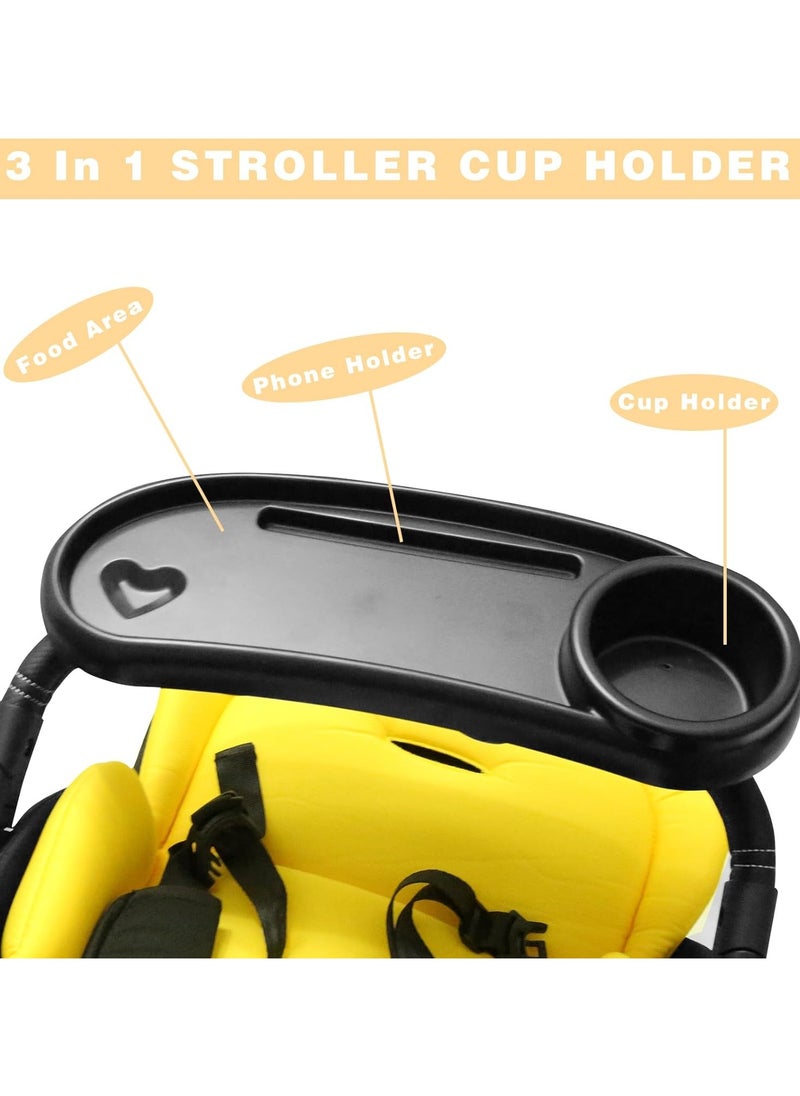 3 In 1 Stroller Cup Holder with Snack Tray & Phone Holder, Universal Stroller Snack Tray for Baby Bottle, Removable Stroller Cup Holder, Black, ABS Material
