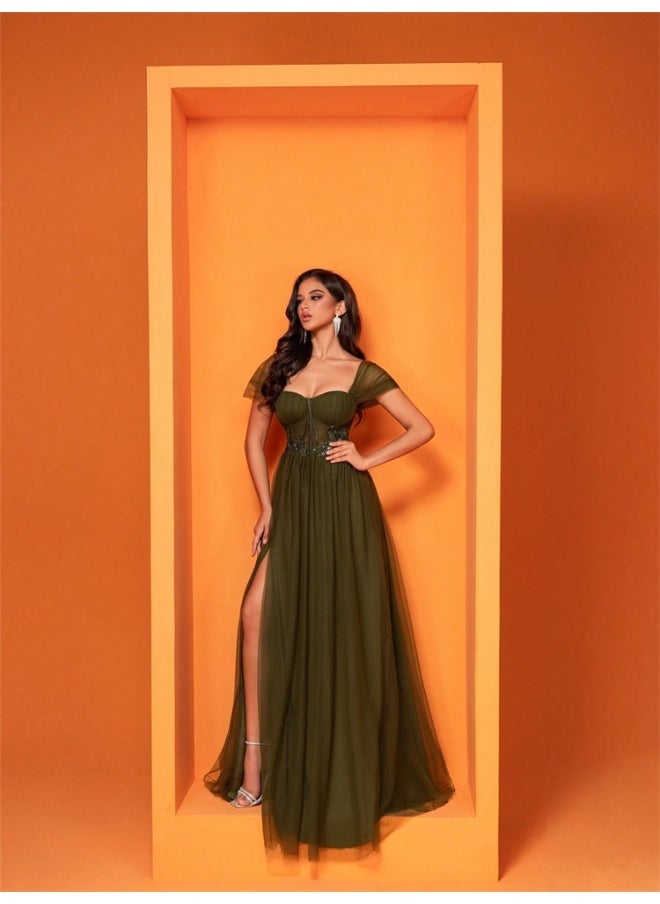 Green Chevron Short Sleeve Dress with Modern Design and Side Openings Tulle Corset Dress