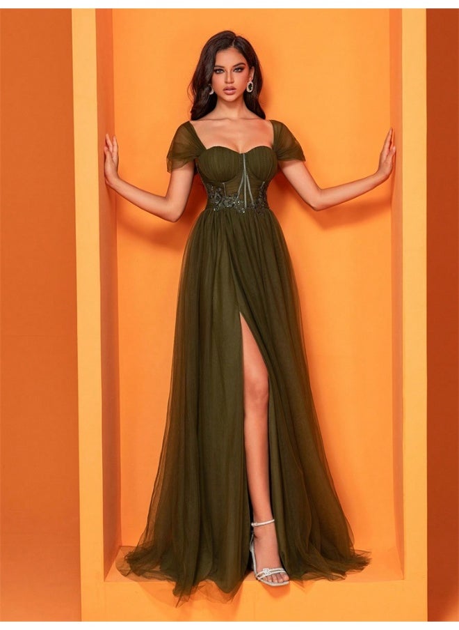 Green Chevron Short Sleeve Dress with Modern Design and Side Openings Tulle Corset Dress