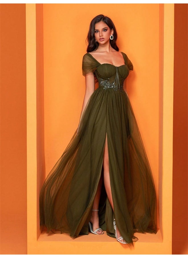 Green Chevron Short Sleeve Dress with Modern Design and Side Openings Tulle Corset Dress
